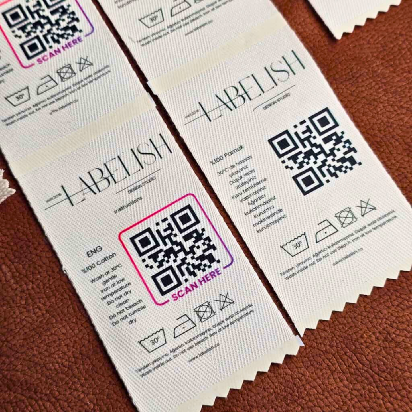 Özel Pamuk Etiket - Logo, Bakım Talimatı ve QR Kod