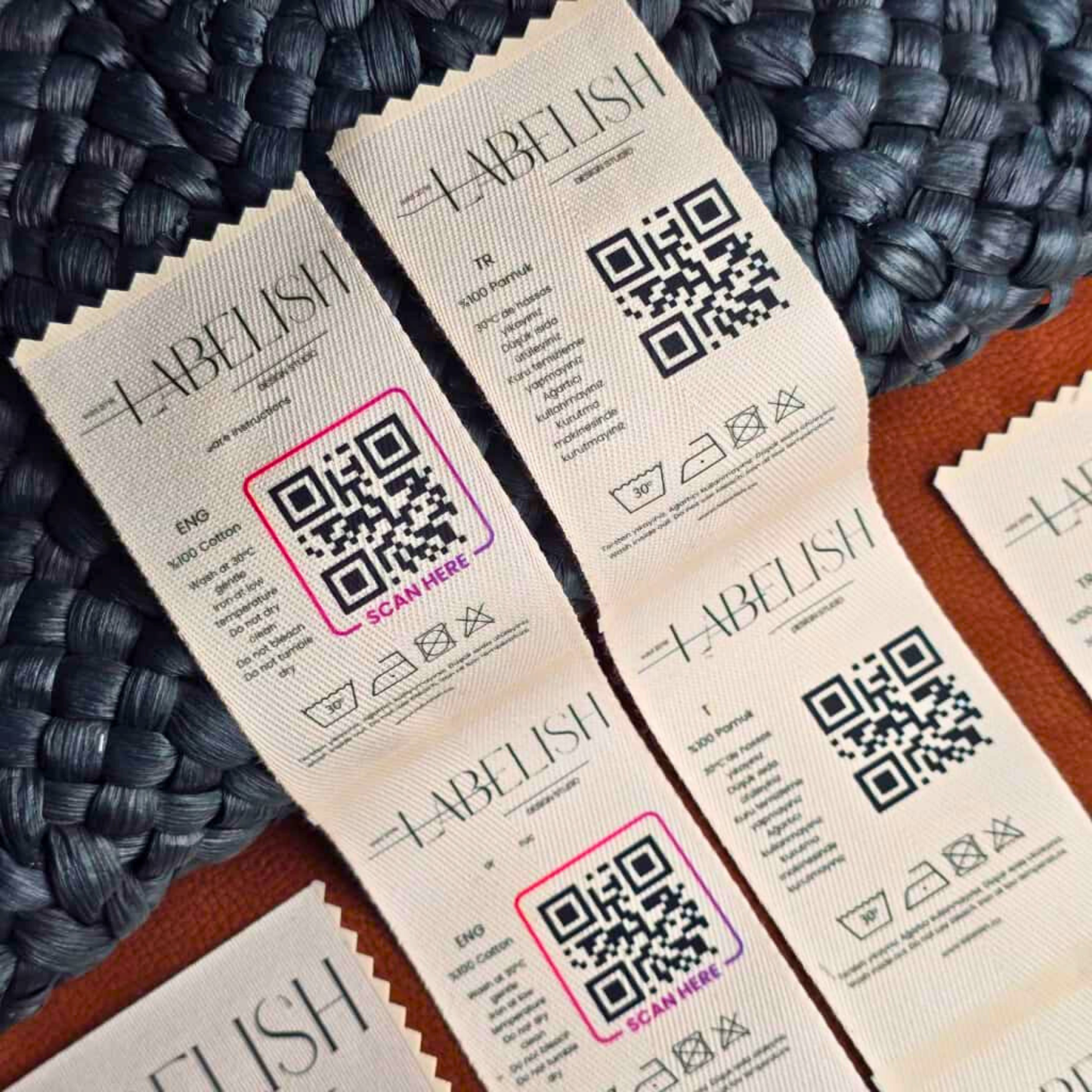 Özel Pamuk Etiket - Logo, Bakım Talimatı ve QR Kod