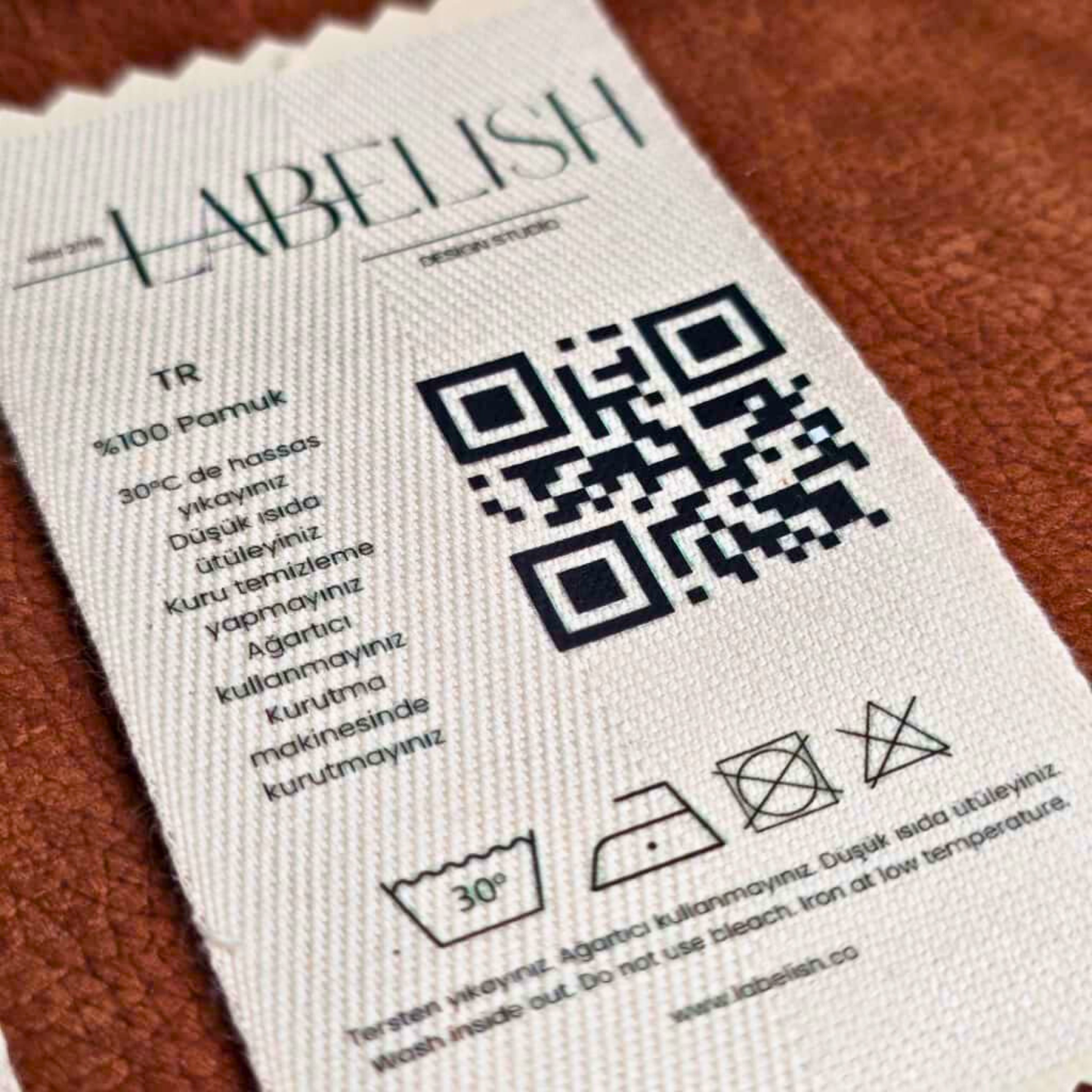 Özel Pamuk Etiket - Logo, Bakım Talimatı ve QR Kod