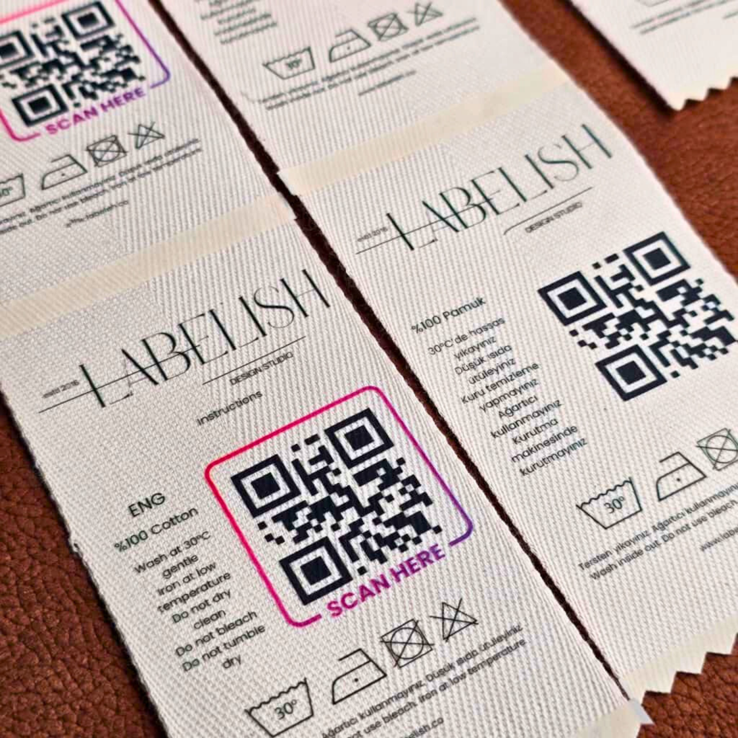 Özel Pamuk Etiket - Logo, Bakım Talimatı ve QR Kod